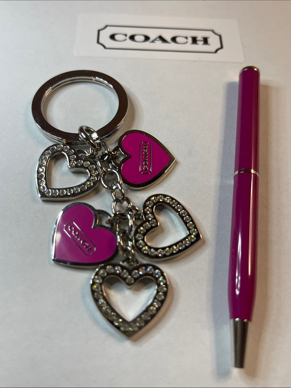 Coach Fuchsia Heart Dangle Keyring with Crystal Accents and Coach Pen